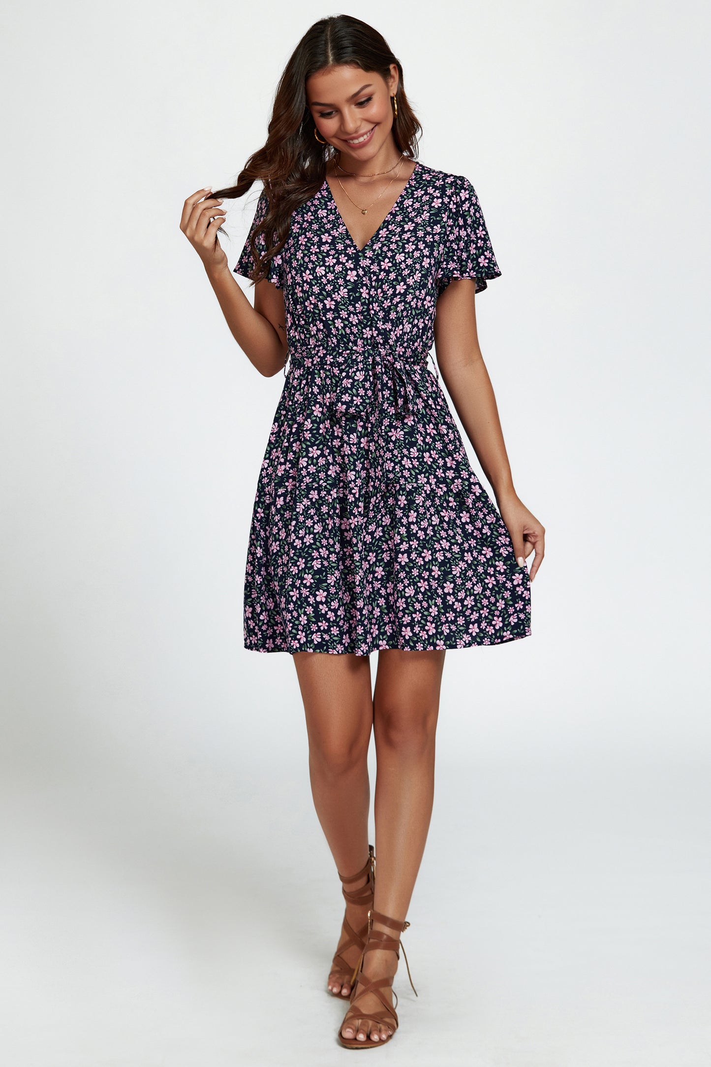 Florales Minikleid | Elegantes Wickeldesign mit kurzen Flatterärmeln FS748-NavyPink