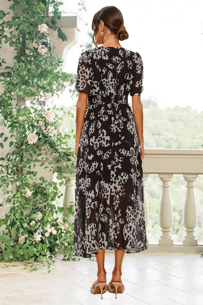 Maxikleid mit Leoparden-Print | Elegantes Design mit V-Ausschnitt und Taillensmok FS641-Blackf