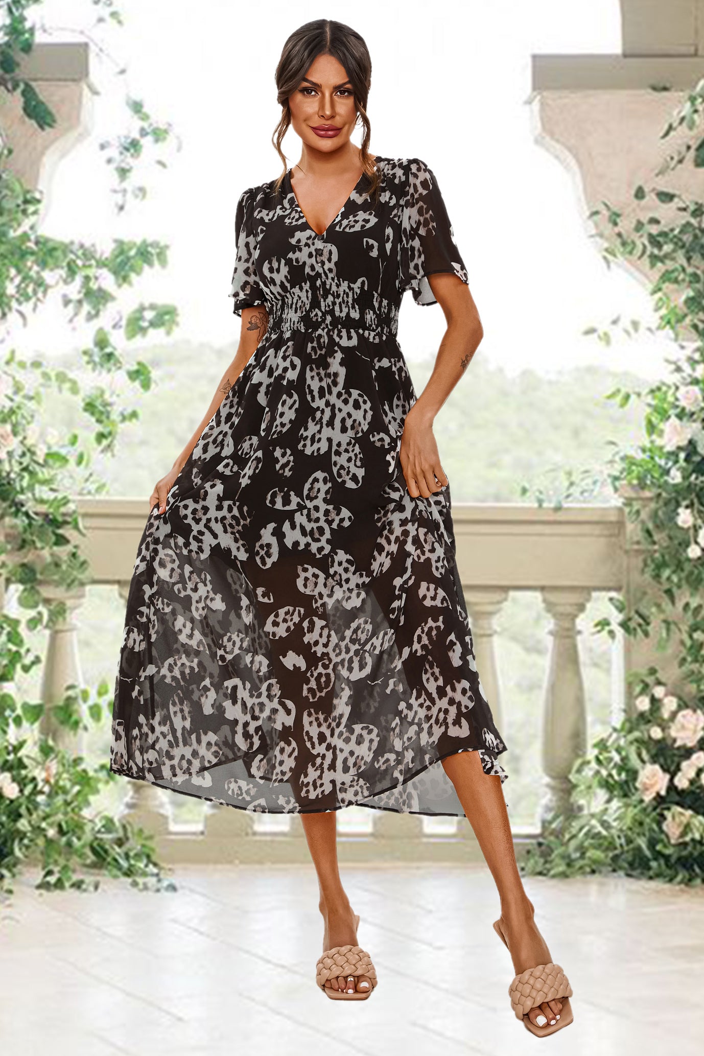 Maxikleid mit Leoparden-Print | Elegantes Design mit V-Ausschnitt und Taillensmok FS641-Blackf