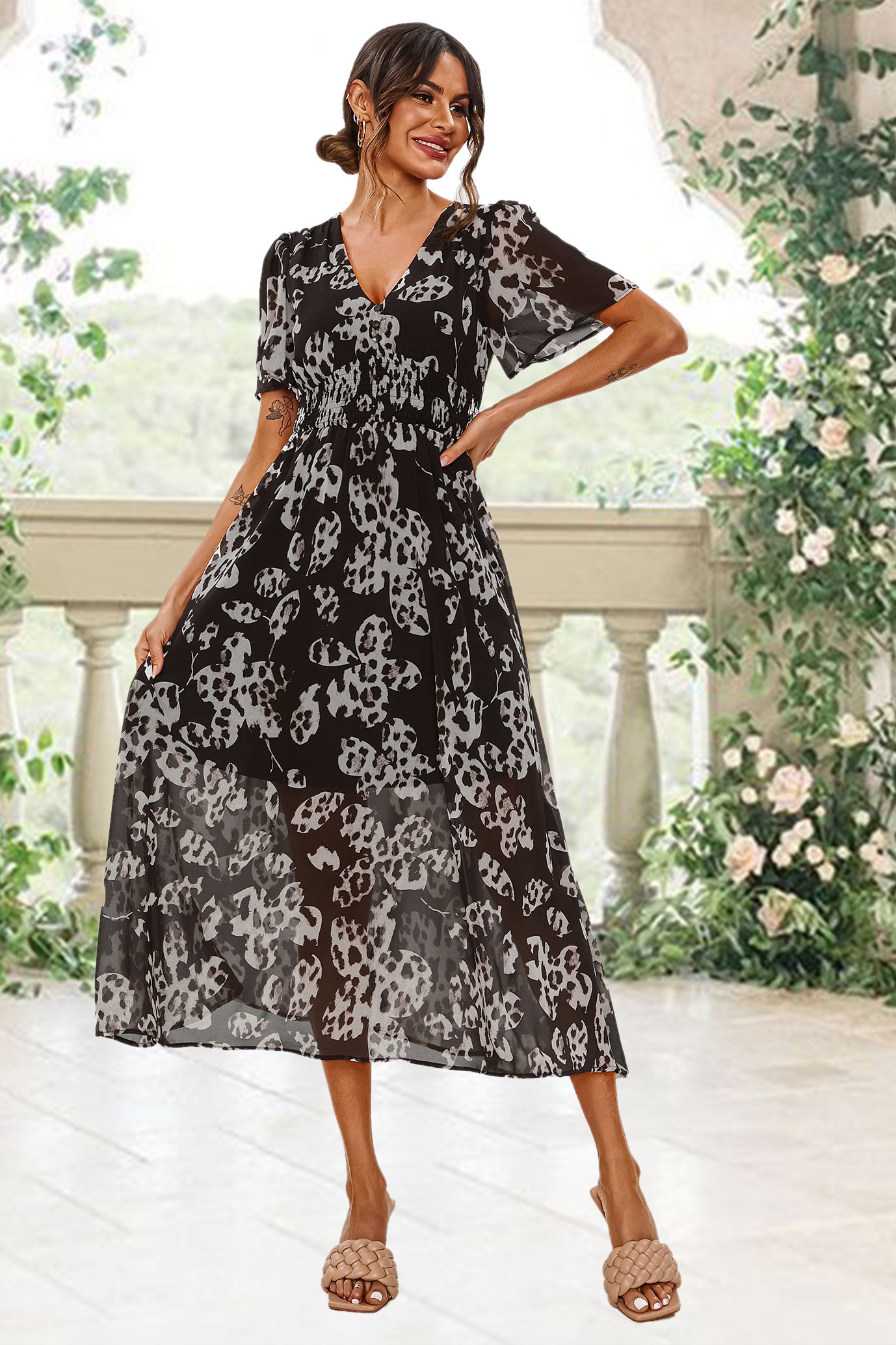 Maxikleid mit Leoparden-Print | Elegantes Design mit V-Ausschnitt und Taillensmok FS641-Blackf