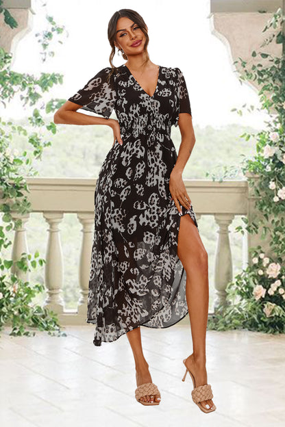 Maxikleid mit Leoparden-Print | Elegantes Design mit V-Ausschnitt und Taillensmok FS641-Blackf