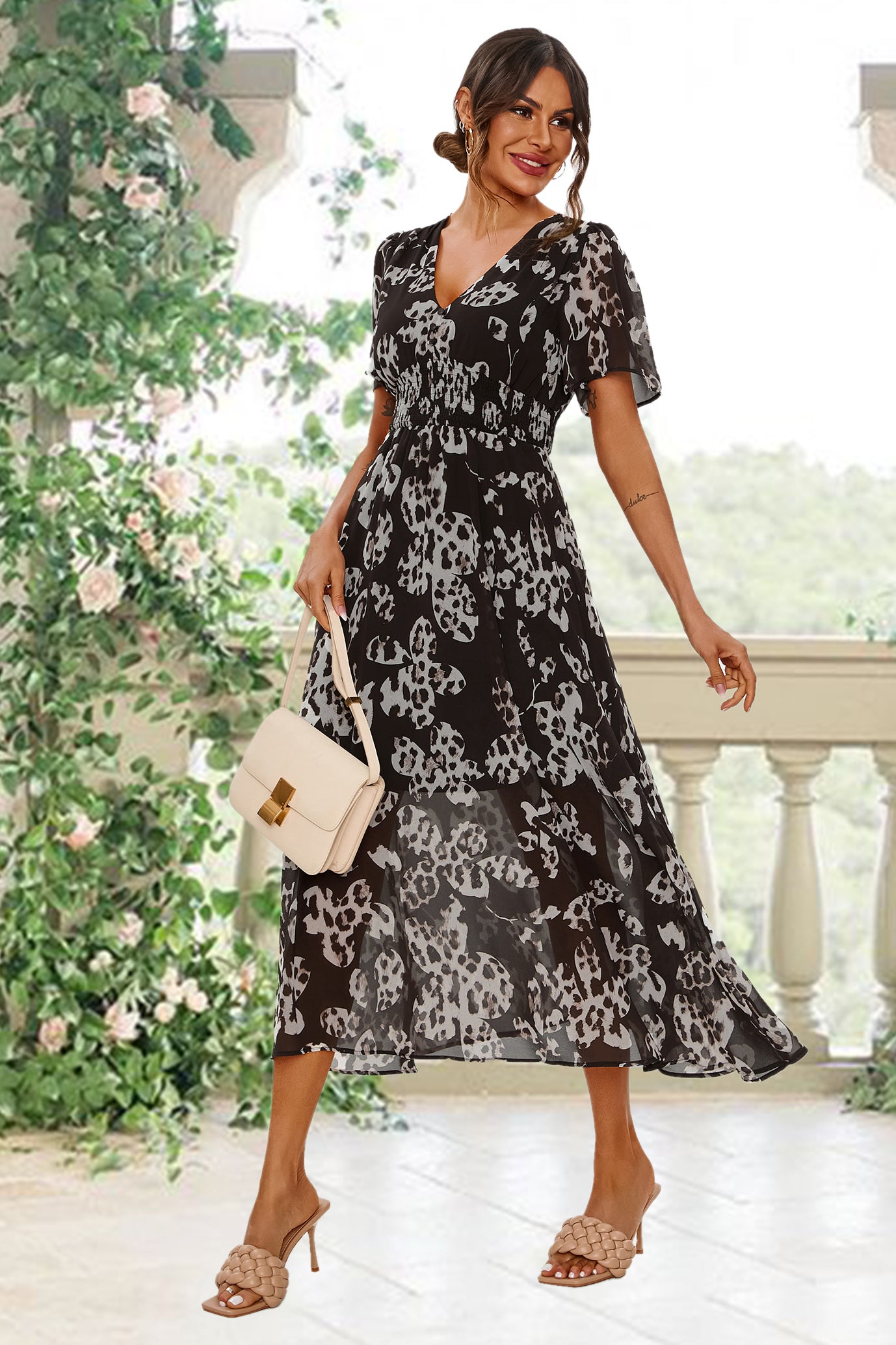 Maxikleid mit Leoparden-Print | Elegantes Design mit V-Ausschnitt und Taillensmok FS641-Blackf