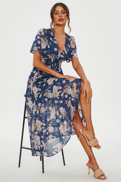 Florales Maxikleid | Elegantes Design mit V-Ausschnitt und Taillensmok FS641-BlueF