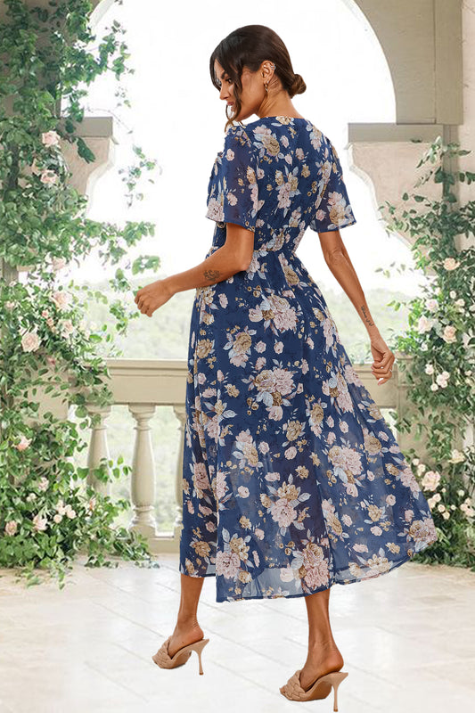 Florales Maxikleid | Elegantes Design mit V-Ausschnitt und Taillensmok FS641-BlueF