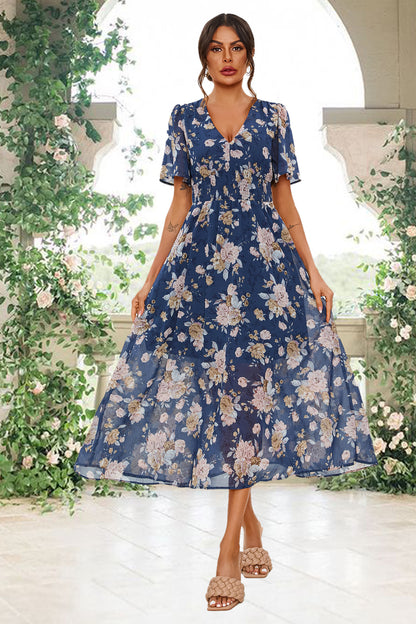 Florales Maxikleid | Elegantes Design mit V-Ausschnitt und Taillensmok FS641-BlueF