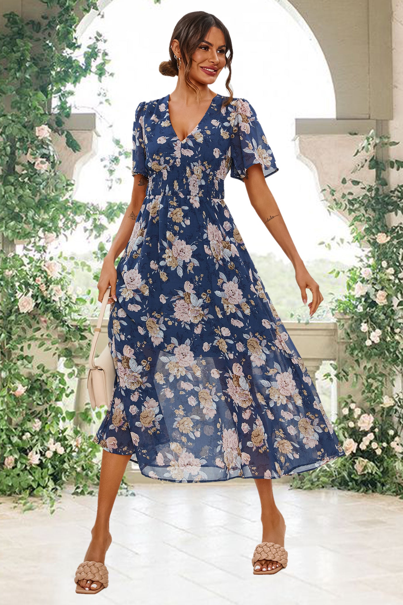 Florales Maxikleid | Elegantes Design mit V-Ausschnitt und Taillensmok FS641-BlueF