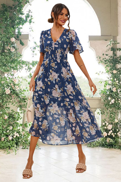 Florales Maxikleid | Elegantes Design mit V-Ausschnitt und Taillensmok FS641-BlueF