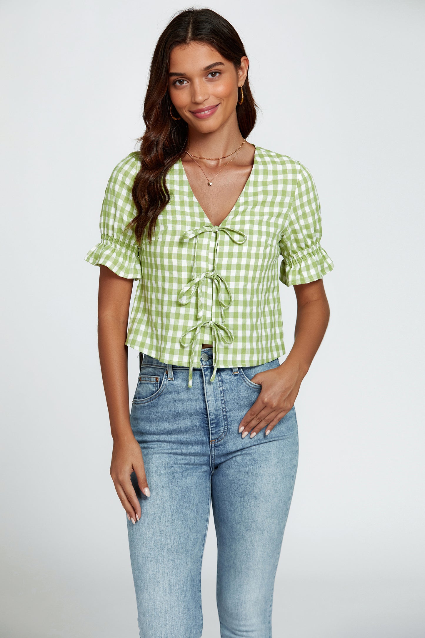 Gingham-Oberteil | Elegantes Design mit Bindeschleifen und V-Ausschnitt FS820-GC
