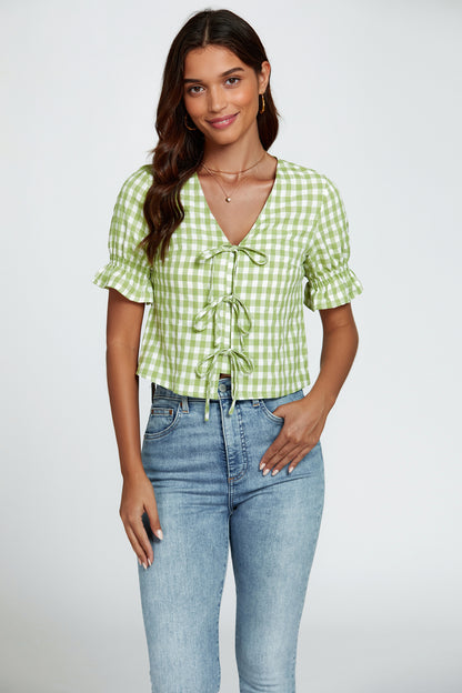 Gingham-Oberteil | Elegantes Design mit Bindeschleifen und V-Ausschnitt FS820-GC