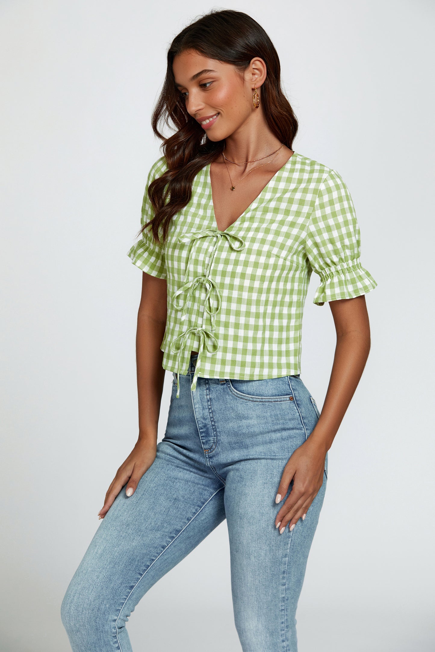 Gingham-Oberteil | Elegantes Design mit Bindeschleifen und V-Ausschnitt FS820-GC