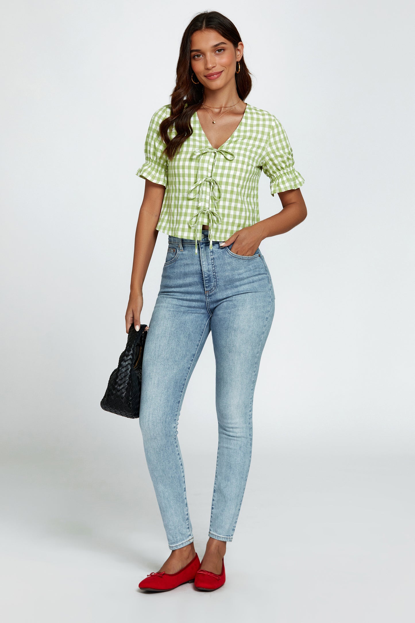 Gingham-Oberteil | Elegantes Design mit Bindeschleifen und V-Ausschnitt FS820-GC