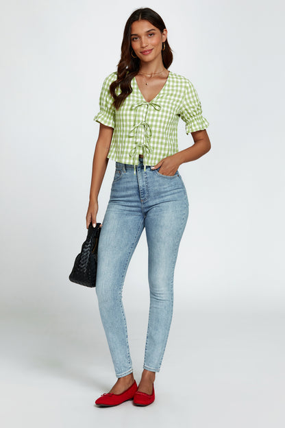 Gingham-Oberteil | Elegantes Design mit Bindeschleifen und V-Ausschnitt FS820-GC