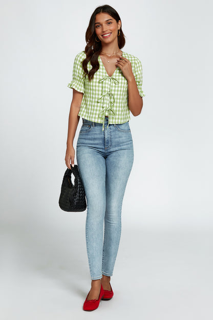 Gingham-Oberteil | Elegantes Design mit Bindeschleifen und V-Ausschnitt FS820-GC