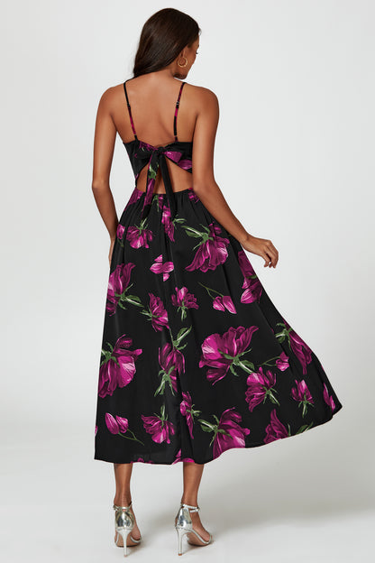 Florales Maxikleid | Elegantes Design mit Rückenausschnitt und Bindeschleife FS804-BM