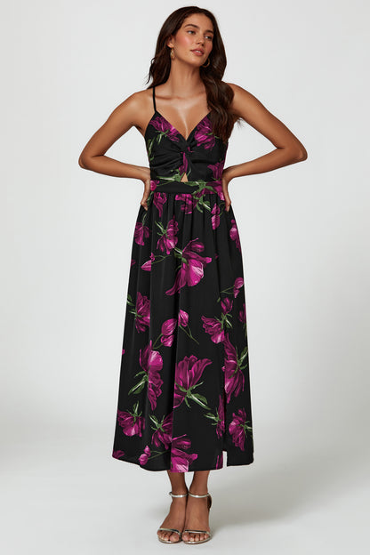 Florales Maxikleid | Elegantes Design mit Rückenausschnitt und Bindeschleife FS804-BM