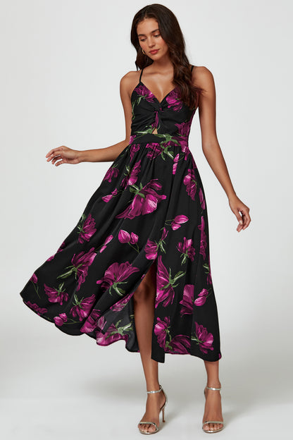 Florales Maxikleid | Elegantes Design mit Rückenausschnitt und Bindeschleife FS804-BM