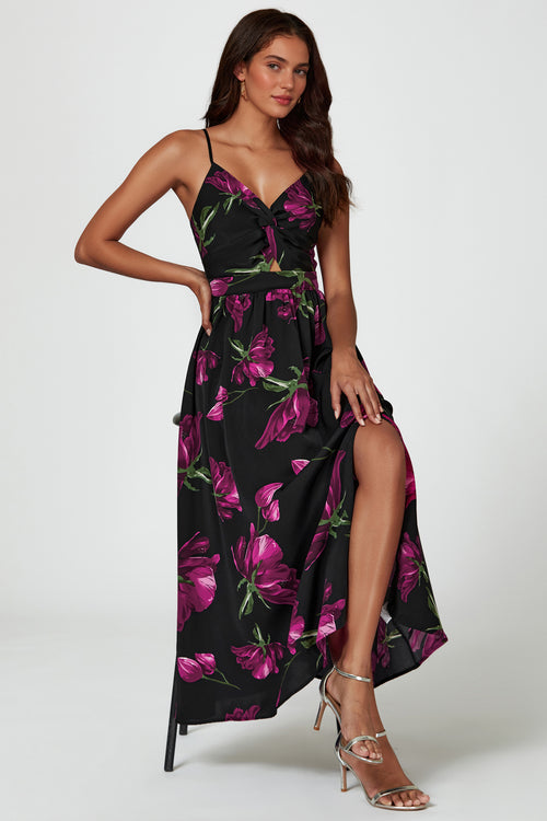Florales Maxikleid | Elegantes Design mit Rückenausschnitt und Bindeschleife FS804-BM