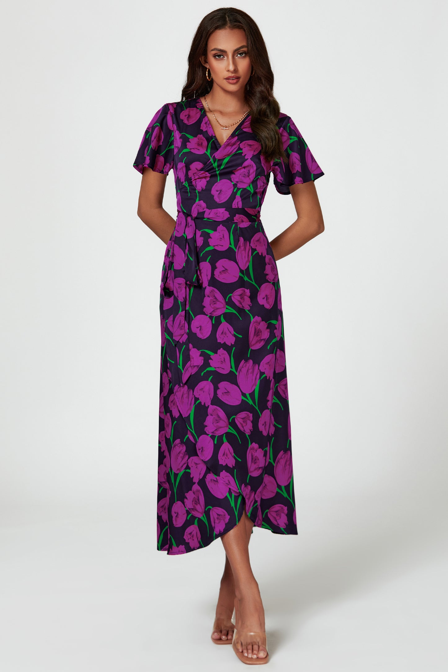Florales Maxikleid | Elegantes Wickeldesign mit Taillengürtel FS758-LFMB