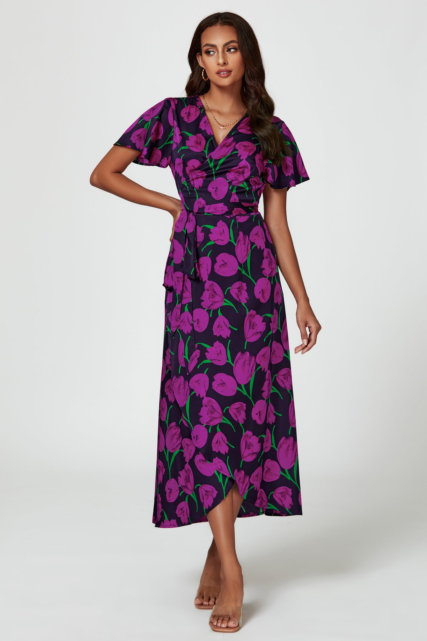 Florales Maxikleid | Elegantes Wickeldesign mit Taillengürtel FS758-LFMB