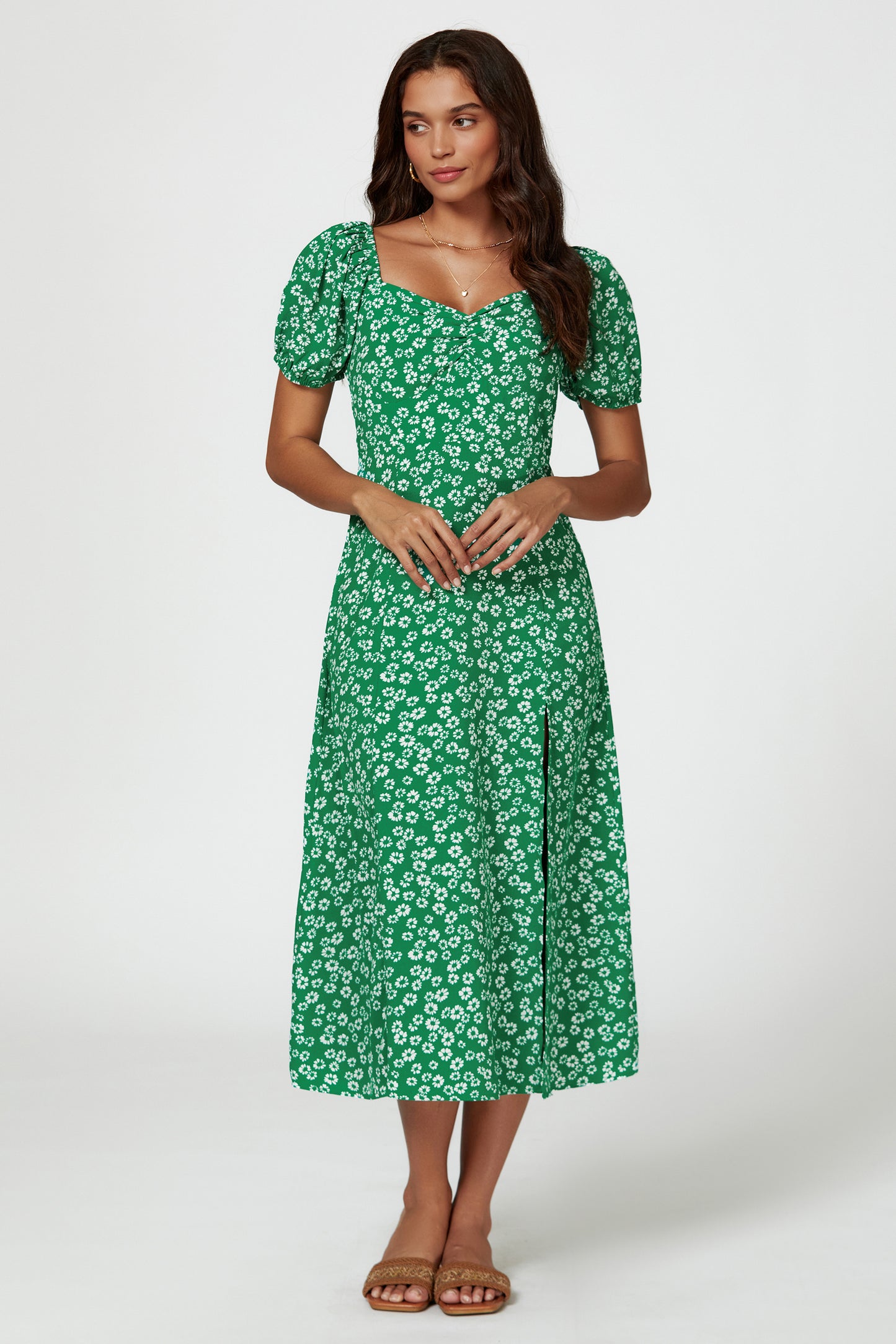 Florales Midikleid | Elegantes Design mit Beinschlitz und Puffärmeln FS658-GWF