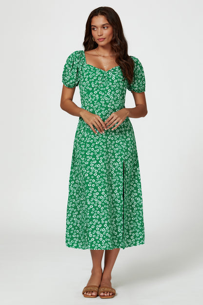 Florales Midikleid | Elegantes Design mit Beinschlitz und Puffärmeln FS658-GWF