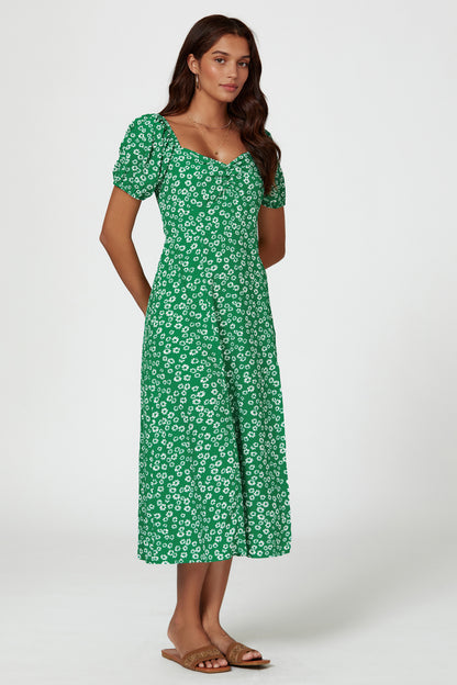 Florales Midikleid | Elegantes Design mit Beinschlitz und Puffärmeln FS658-GWF