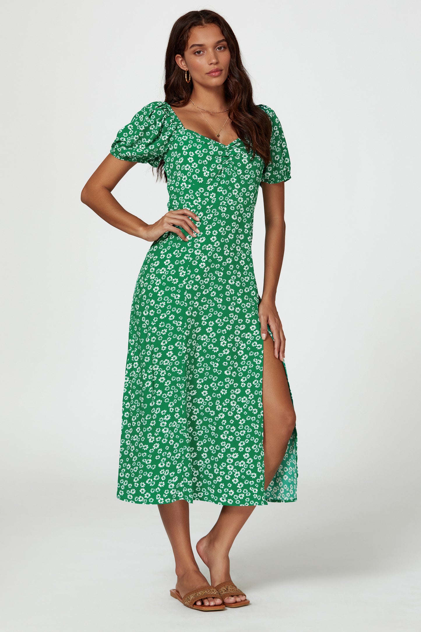 Florales Midikleid | Elegantes Design mit Beinschlitz und Puffärmeln FS658-GWF