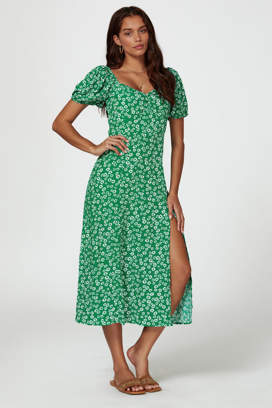 Florales Midikleid | Elegantes Design mit Beinschlitz und Puffärmeln FS658-GWF