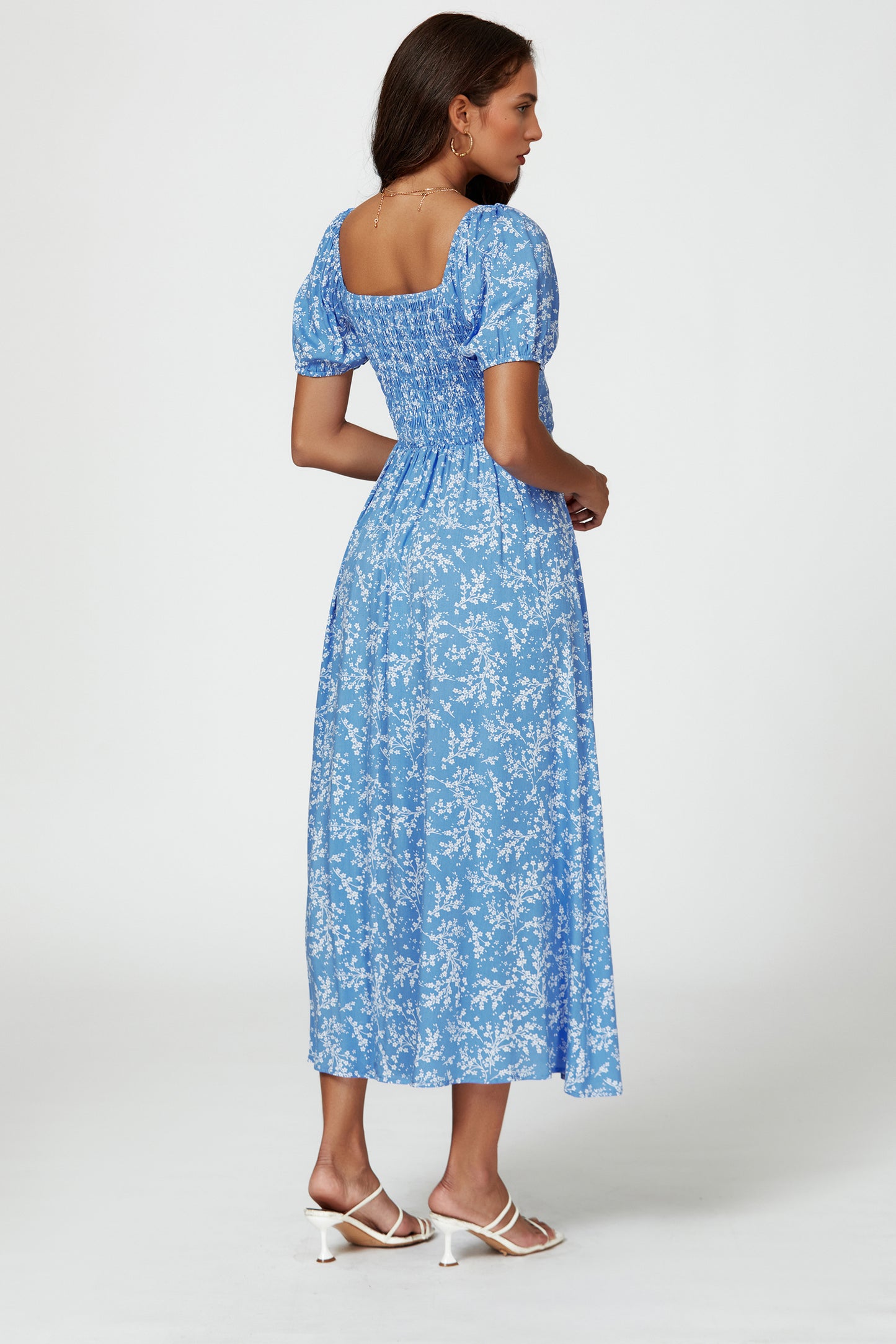 Florales Midikleid | Elegantes Design mit Beinschlitz und Puffärmeln FS808-WFB