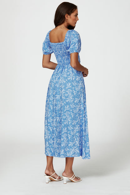 Florales Midikleid | Elegantes Design mit Beinschlitz und Puffärmeln FS808-WFB