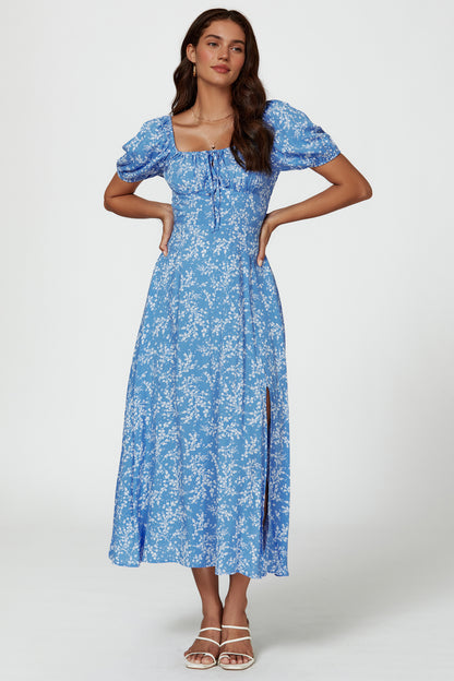 Florales Midikleid | Elegantes Design mit Beinschlitz und Puffärmeln FS808-WFB