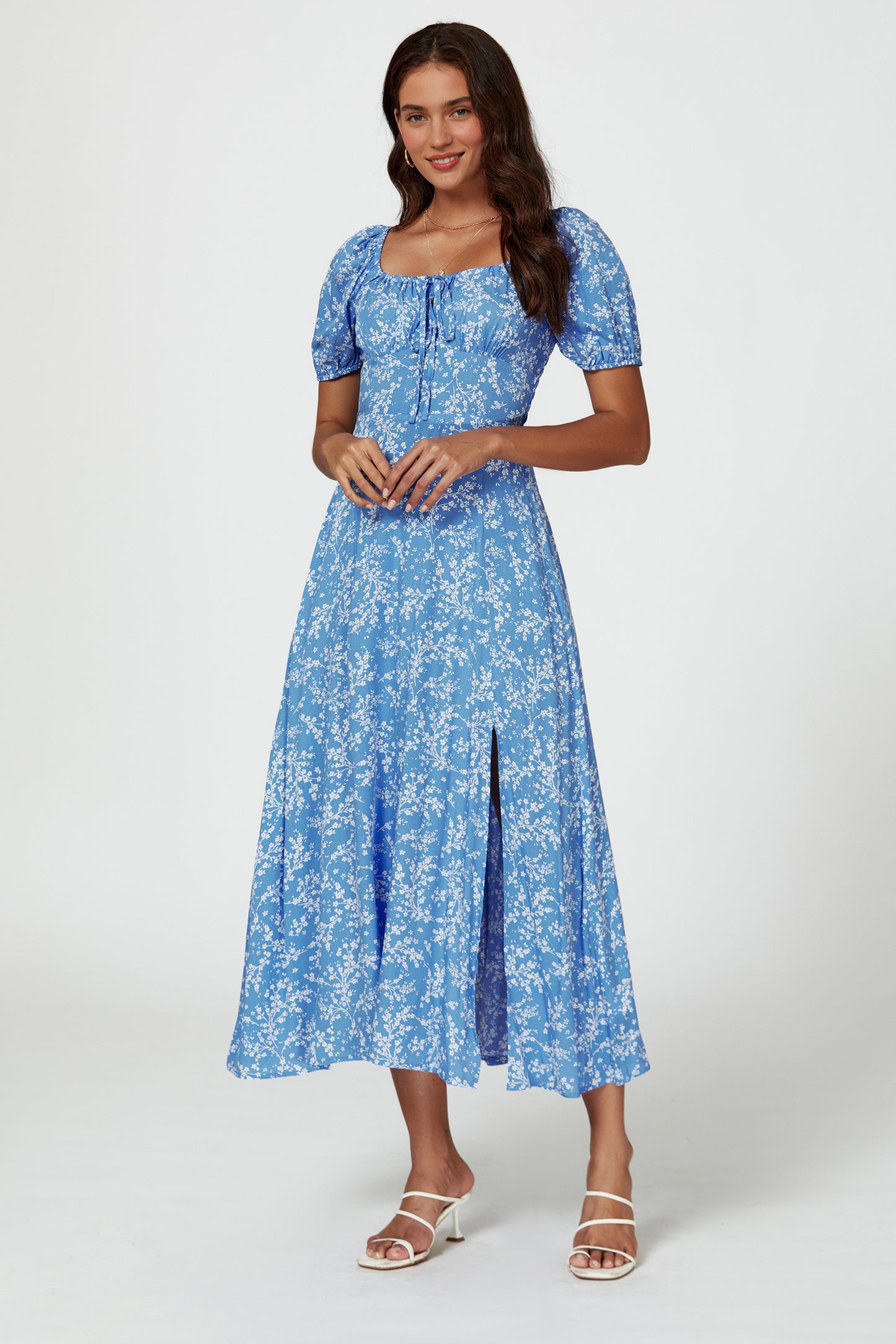 Florales Midikleid | Elegantes Design mit Beinschlitz und Puffärmeln FS808-WFB