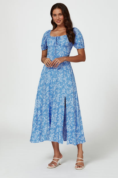 Florales Midikleid | Elegantes Design mit Beinschlitz und Puffärmeln FS808-WFB