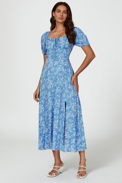 Florales Midikleid | Elegantes Design mit Beinschlitz und Puffärmeln FS808-WFB