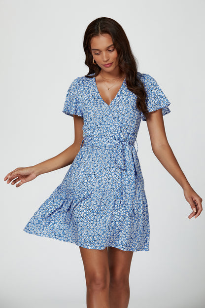 Florales Minikleid | Elegantes Design mit Stufenrock und V-Ausschnitt FS748-BlueFloral