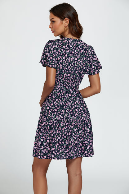 Florales Minikleid | Elegantes Wickeldesign mit kurzen Flatterärmeln FS748-NavyPink