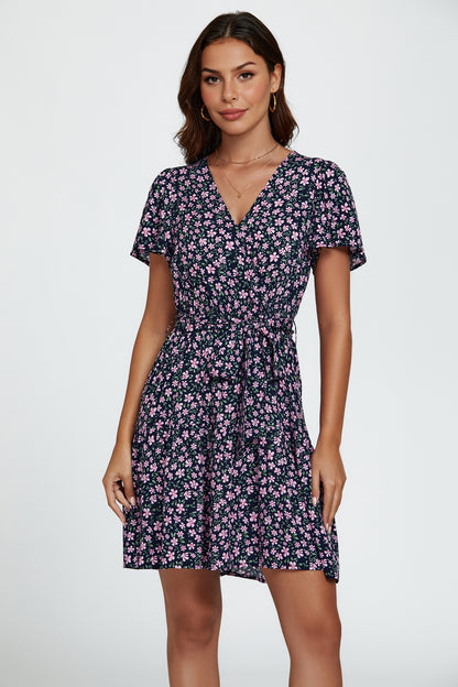 Florales Minikleid | Elegantes Wickeldesign mit kurzen Flatterärmeln FS748-NavyPink