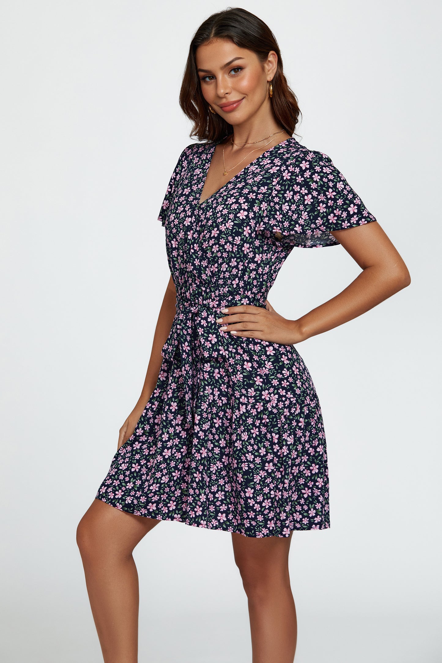 Florales Minikleid | Elegantes Wickeldesign mit kurzen Flatterärmeln FS748-NavyPink