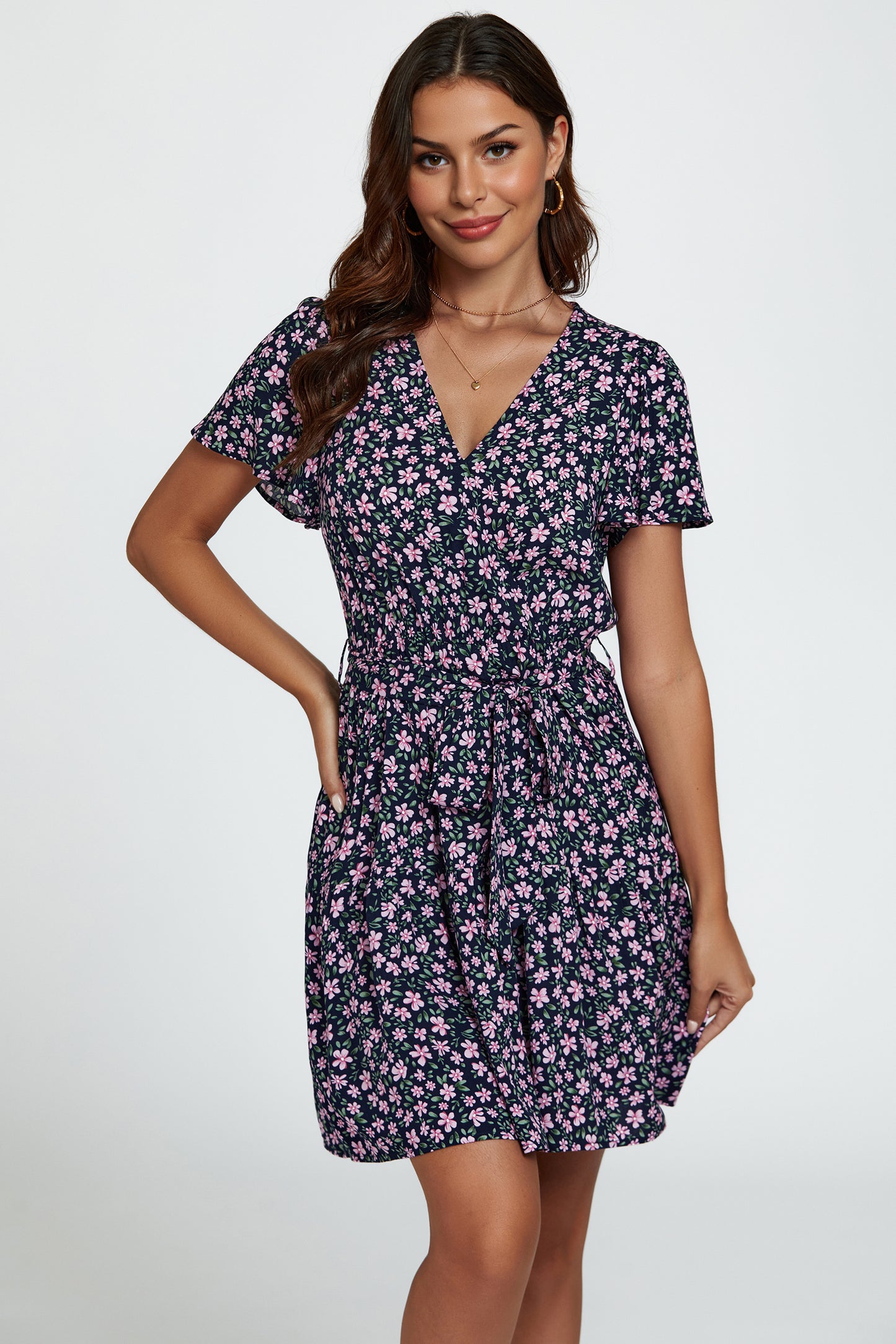 Florales Minikleid | Elegantes Wickeldesign mit kurzen Flatterärmeln FS748-NavyPink