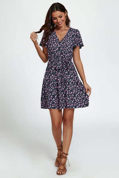 Florales Minikleid | Elegantes Wickeldesign mit kurzen Flatterärmeln FS748-NavyPink